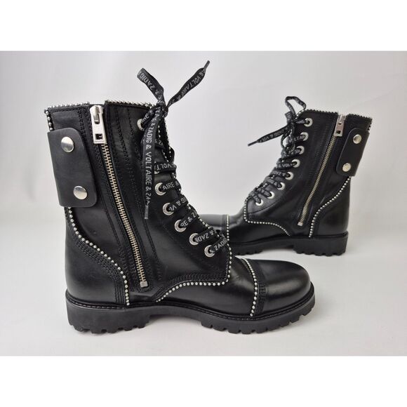 Zadig & Voltaire Women's Black Leather Joe Studded Combat Boots Size 40 - Picture 3 of 7